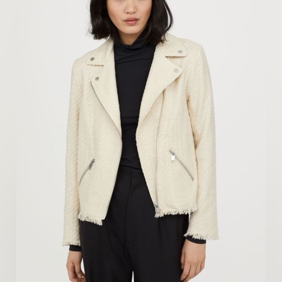 H&M - Cream Textured Tweed With Silver Hardware Moto Biker Jacket Size 6 - Picture 1 of 12